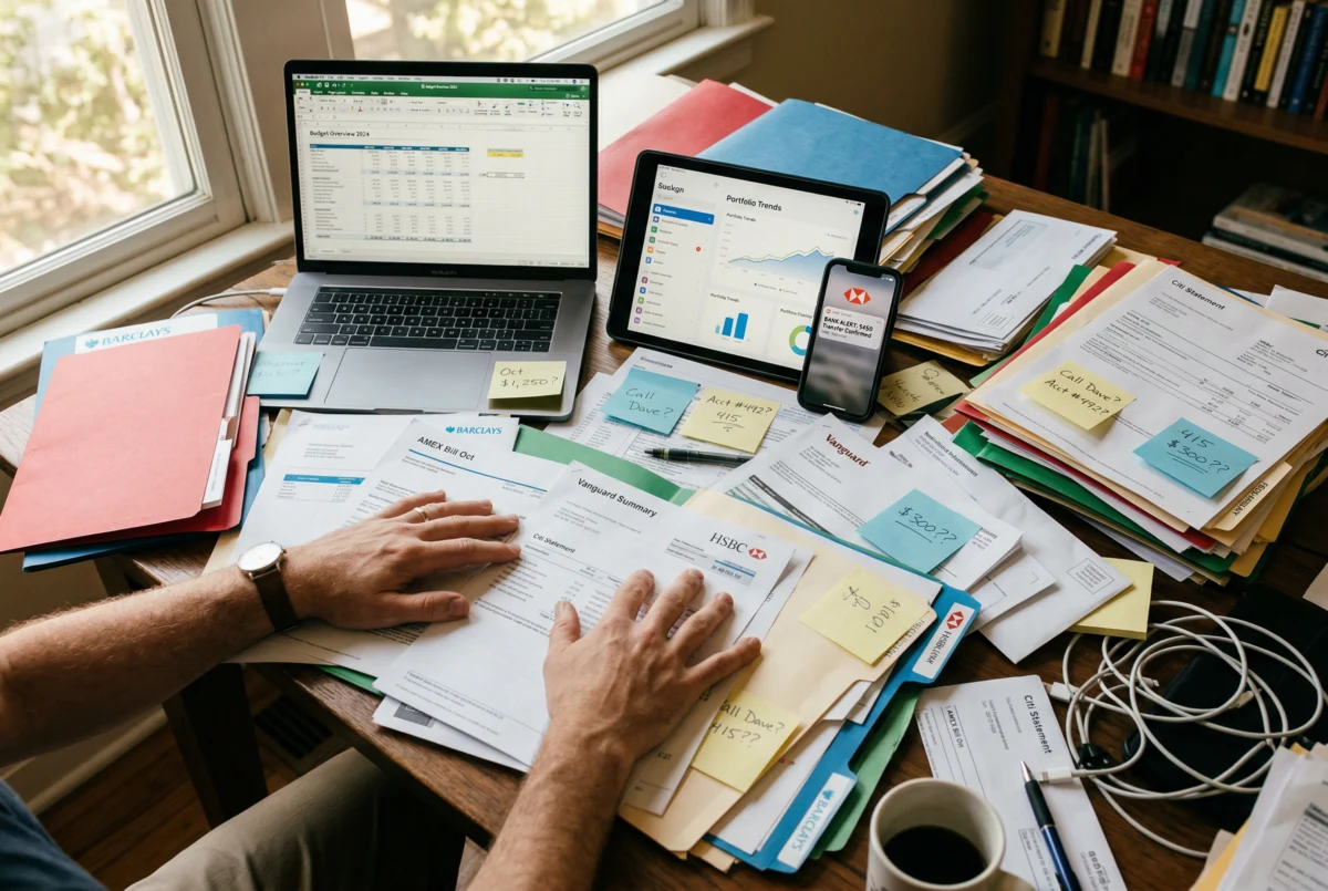 Scattered financial paperwork representing fragmented business advice for Mill Valley owners